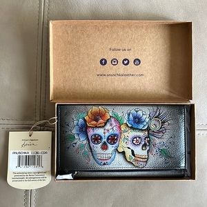 Anuschka hand painted Sugar Skull checkbook clutch with RFID